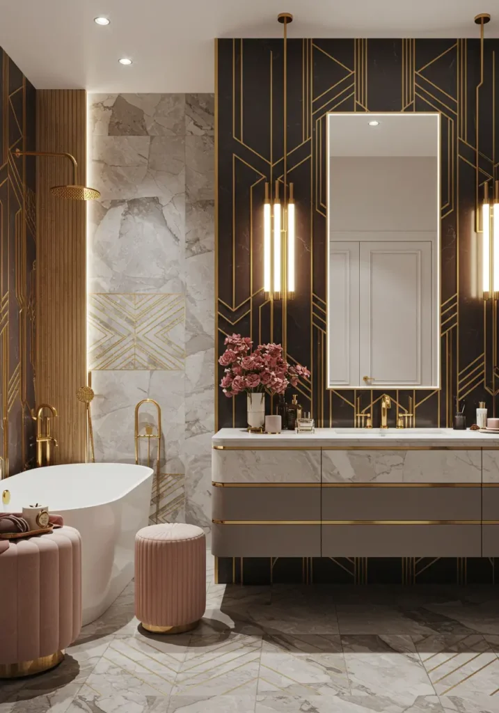 Channeling the opulent glamour of the 1920s with contemporary sophistication, this design celebrates geometric patterns, luxurious materials, and dramatic contrasts. It's designed for those who appreciate theatrical elegance and want their bathroom to make a bold statement.