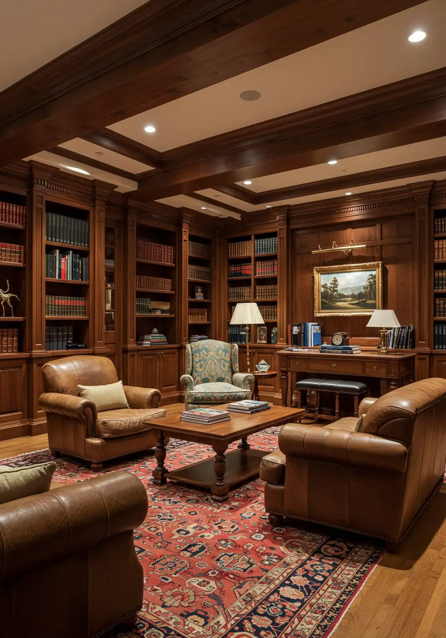 Evoking the grandeur of historic English manor libraries, this basement transformation creates a scholarly sanctuary filled with rich wood paneling, leather-bound volumes, and classical architectural details that inspire contemplation and learning.