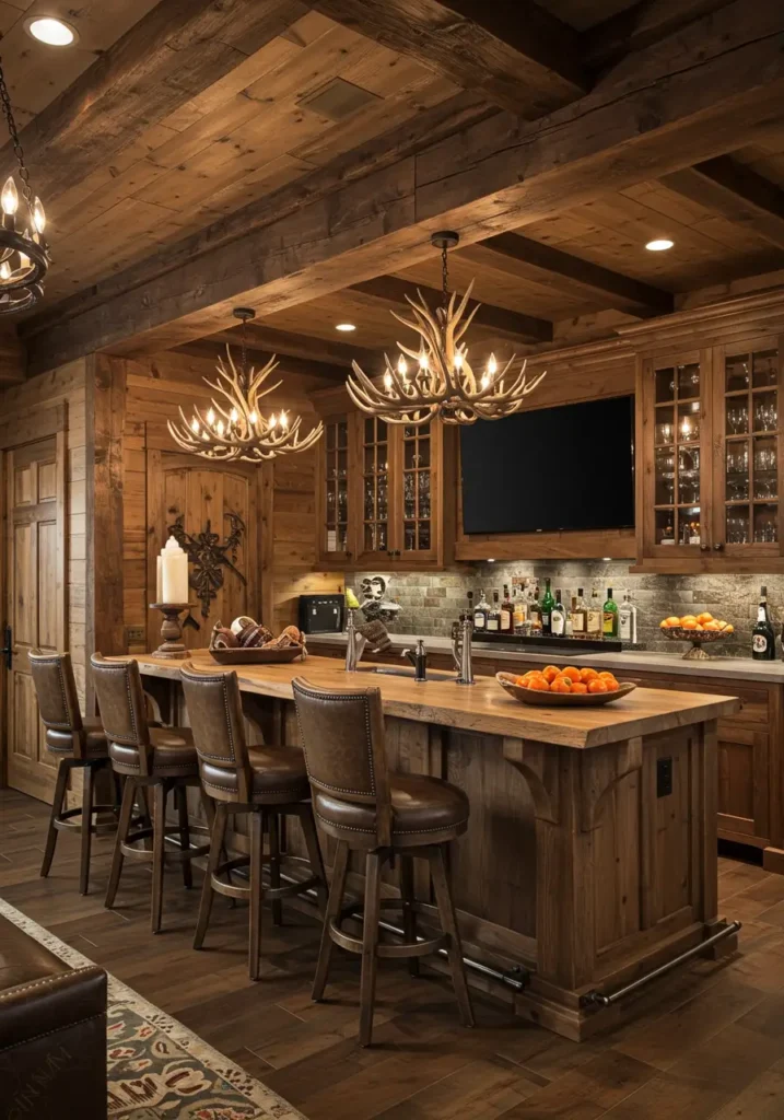 Bring the warmth and charm of a mountain cabin lodge to your basement with natural wood and cozy textures.
