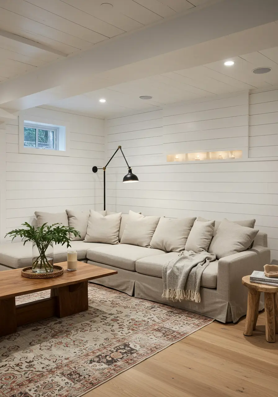 Embracing the Danish concept of hygge (cozy contentment), this basement design creates the ultimate cozy retreat using Scandinavian design principles while maximizing the intimate underground setting.