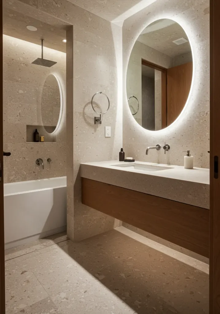 This concept explores the tactile experience of a bathroom through graduated textures that transition from rough to smooth, creating a sensory journey that mimics natural cave formations.