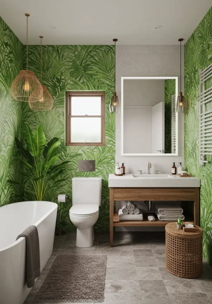 Inspired by high-end tropical resorts in Bali and the Maldives, this design brings vacation luxury into a compact 6x7 foot bathroom through natural materials and lush greenery.