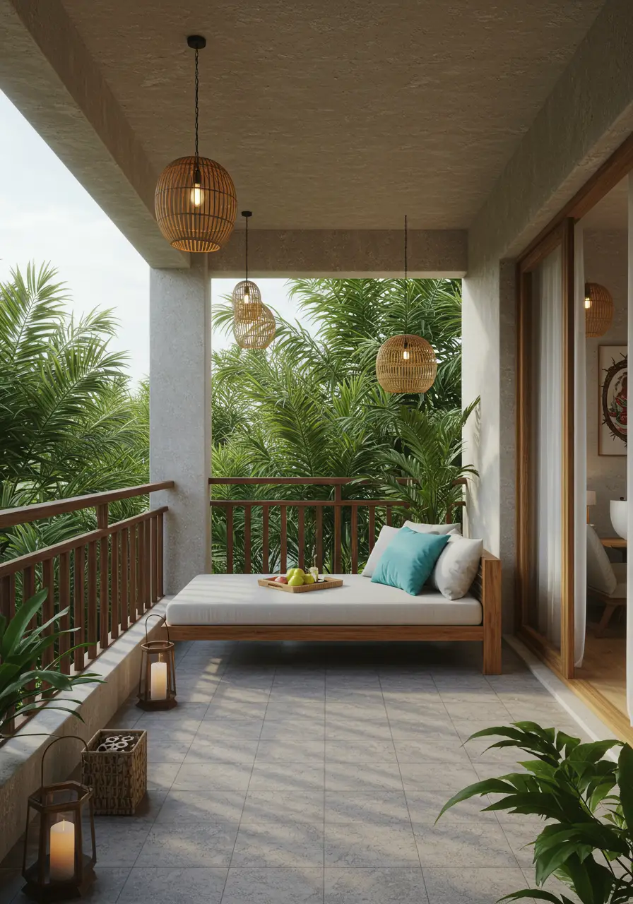 Bringing vacation vibes home, this tropical paradise design transforms any balcony into a resort-worthy escape where every day feels like a holiday in Bali or the Caribbean.