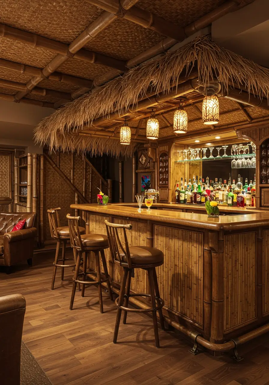 Bringing island paradise indoors with bamboo, tropical plants, and vibrant colors that transport you to a beachside bar.