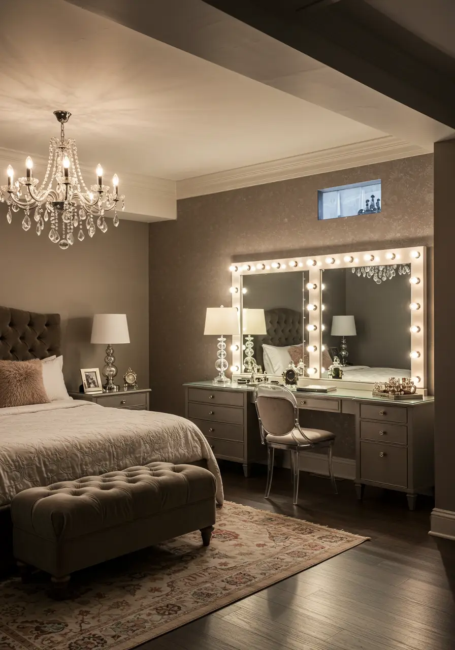 This design channels 1940s Hollywood glamour, transforming the basement into a sophisticated boudoir reminiscent of classic movie star dressing rooms with luxurious materials and dramatic lighting.