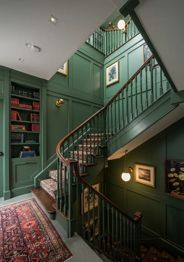 This concept transforms the stairwell into a charming passage reminiscent of an English manor library, complete with built-in bookshelves and reading alcove. The design celebrates the love of books while creating a sophisticated, scholarly atmosphere.