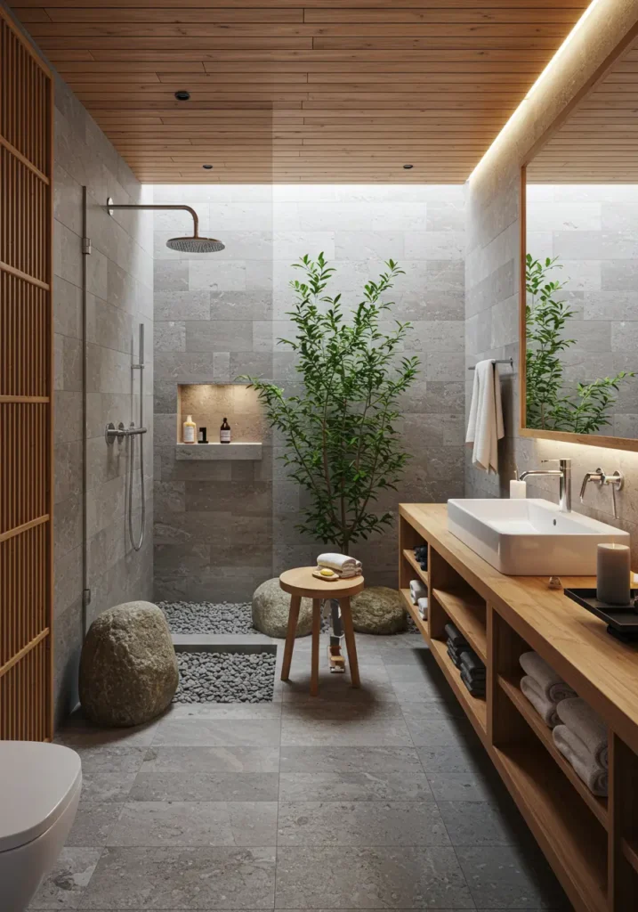 Rooted in Japanese bathing culture and Zen philosophy, this bathroom emphasizes simplicity, natural materials, and mindful experiences. The design promotes tranquility and connection with essential elements.