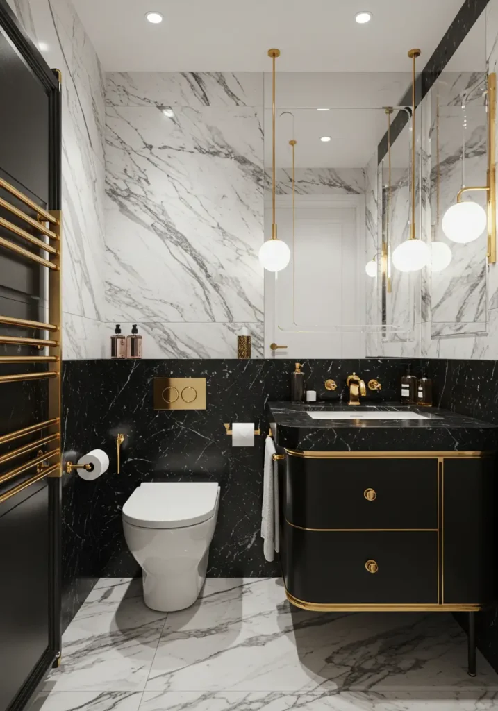 Channeling the opulence of 1920s Hollywood and the geometric sophistication of Art Deco design, this small bathroom becomes a glamorous dressing room worthy of a vintage movie star.