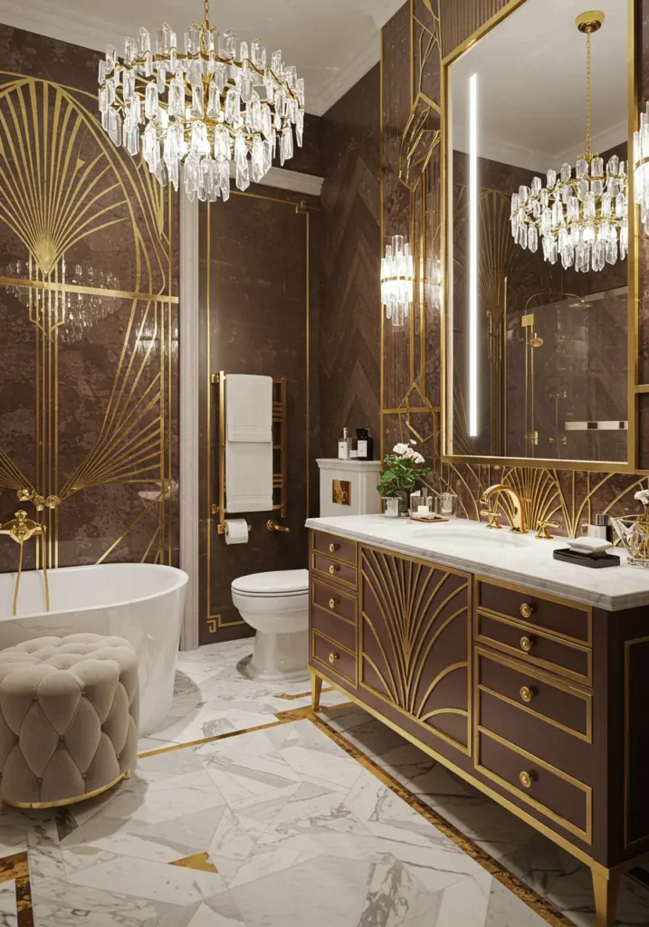 Channeling the opulent glamour of the Roaring Twenties, this bathroom celebrates geometric patterns, luxurious materials, and Hollywood sophistication. The design evokes the golden age of cinema and jazz-era elegance.