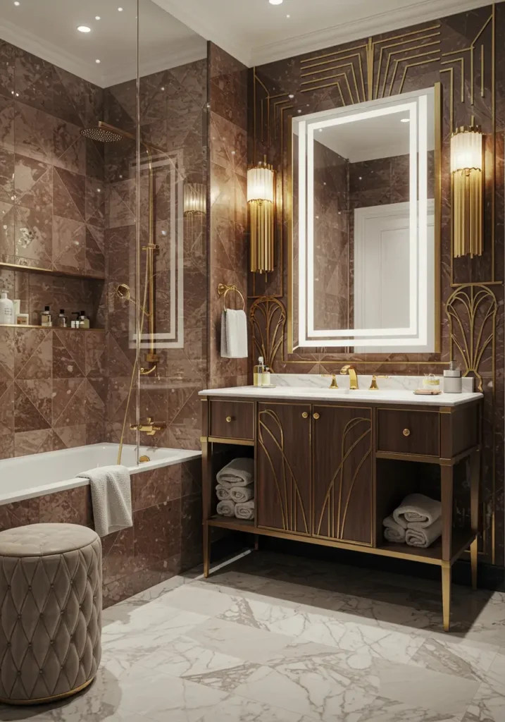 Channeling the opulence and geometric sophistication of 1920s Art Deco design, this concept creates a dramatically glamorous space using bold patterns, metallic finishes, and luxurious materials that exude timeless elegance.