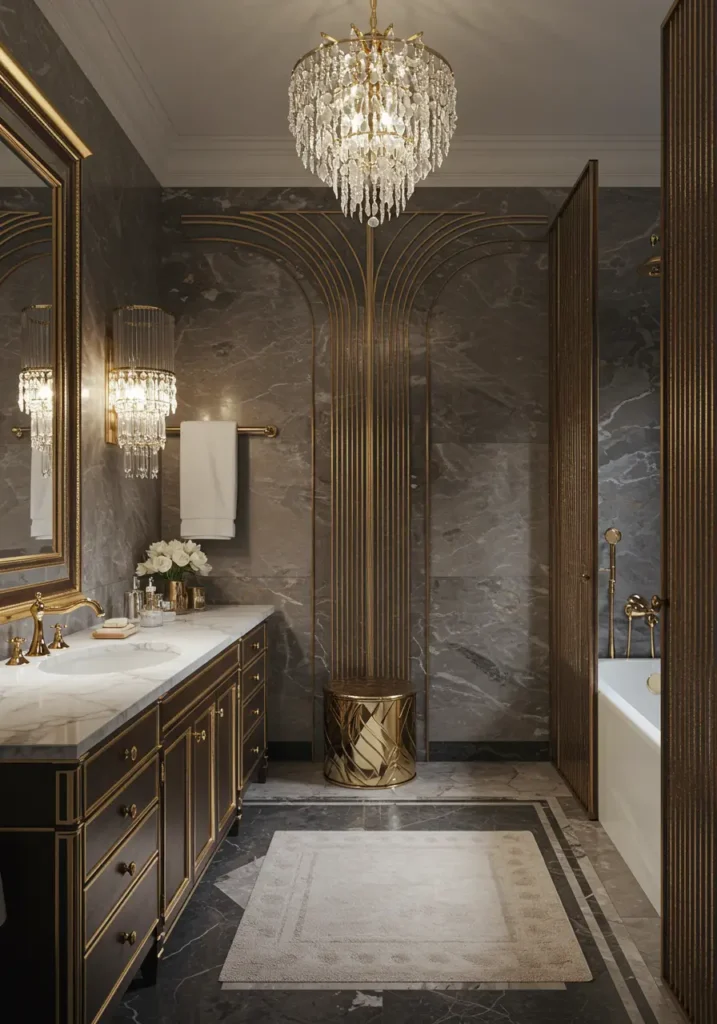 Channeling the opulence of the 1920s, this design combines geometric patterns, metallic finishes, and luxurious materials for a truly dramatic statement.