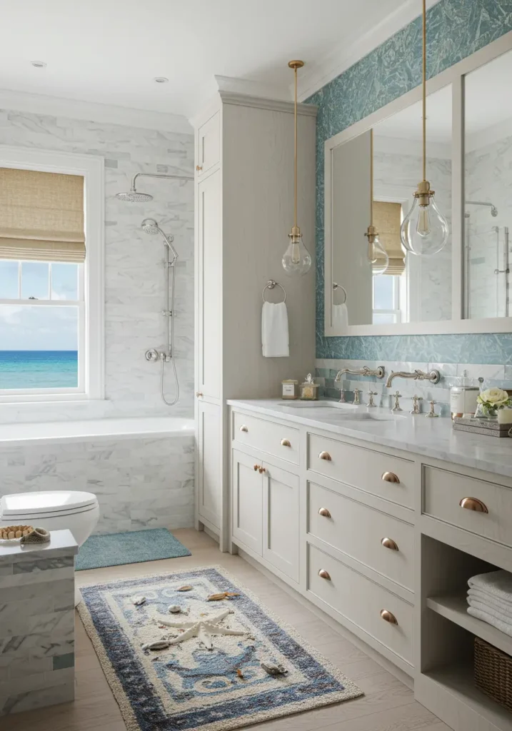 This concept captures the essence of seaside living through light, airy materials and nautical-inspired elements that create the illusion of endless ocean views.