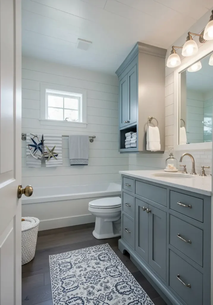 This design brings seaside serenity to the basement level, creating a bright and airy coastal retreat that feels like a charming beach cottage. The concept uses weathered textures, nautical elements, and a soothing color palette to transform the underground space.
