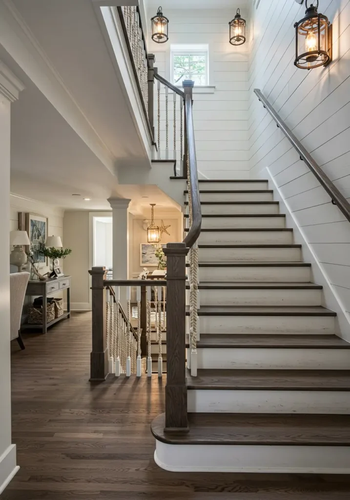 Drawing inspiration from New England coastal homes, this concept brings seaside serenity to the basement stairwell through weathered textures, nautical elements, and a soothing color palette that evokes ocean breezes and sandy shores.