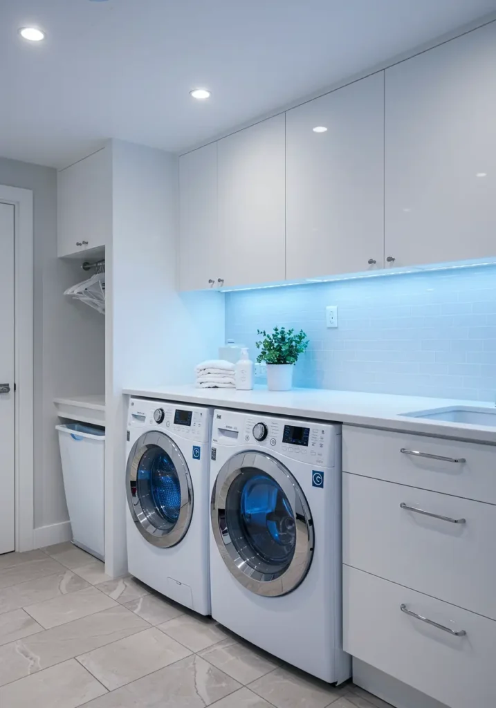 Embracing cutting-edge technology, this design creates a highly automated basement laundry room that anticipates needs and maximizes efficiency through smart home integration.