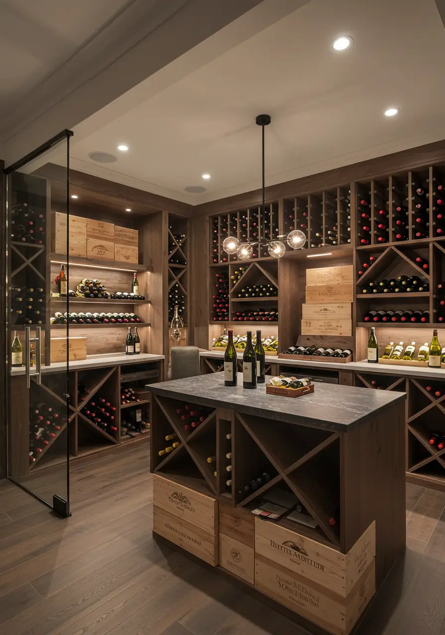 This elegant transformation creates a sophisticated wine storage and tasting environment that rivals commercial wine cellars. The design emphasizes proper wine storage conditions while creating an inviting space for wine appreciation and entertaining.
