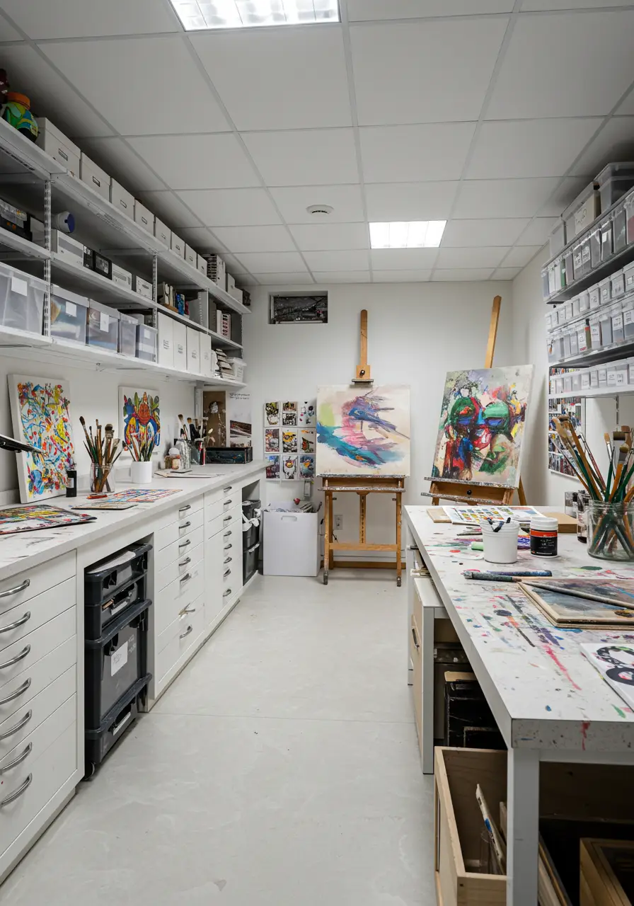Designed for the creative soul, this concept transforms the basement into an inspiring artistic workspace with ample natural light simulation, organized storage, and flexible work areas for various mediums.