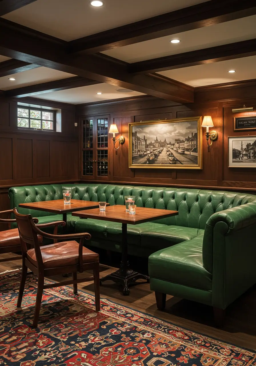 Create an authentic English pub atmosphere with dark wood paneling, leather banquettes, and brass fixtures. This design brings the warmth and conviviality of a traditional British tavern into your basement, perfect for families who enjoy entertaining and appreciate classic, timeless design.
