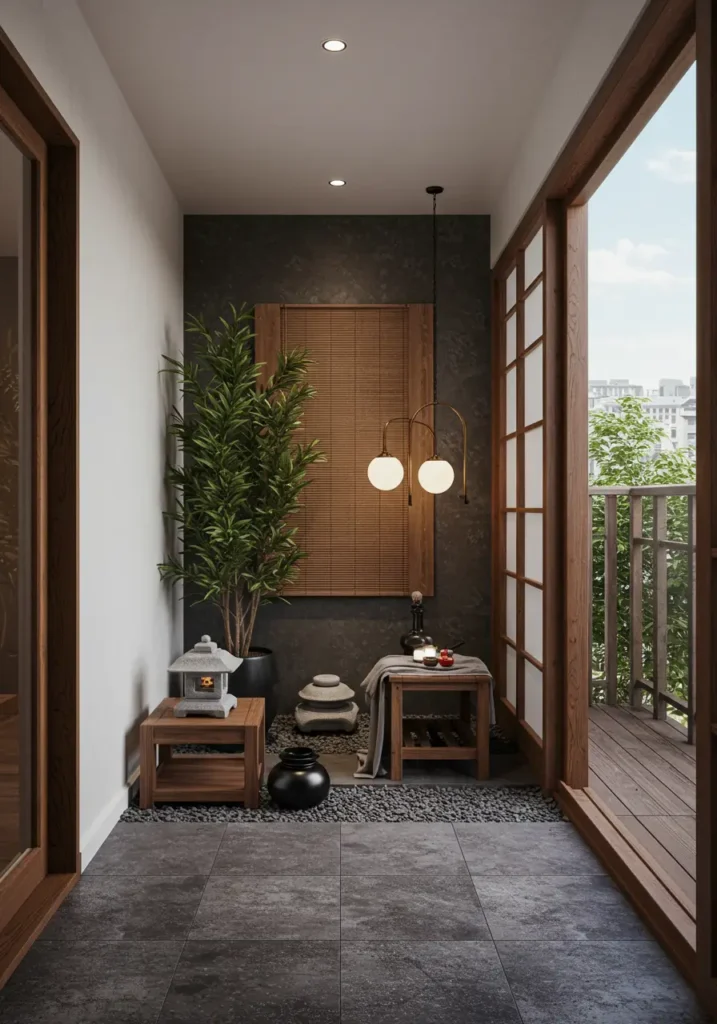 Find inner peace in this tranquil balcony design inspired by traditional Japanese gardens, featuring clean lines, natural materials, and carefully curated elements that promote mindfulness and relaxation.