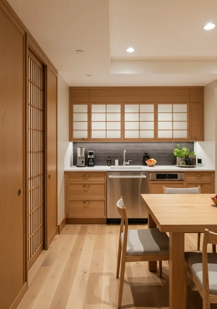 Inspired by Japanese design principles, this basement kitchenette achieves perfect balance through careful material selection and spatial harmony. Natural materials like bamboo and stone create a tranquil atmosphere while hidden storage maintains the essential minimalist aesthetic. Every element serves a purpose in this meditation on functional beauty.