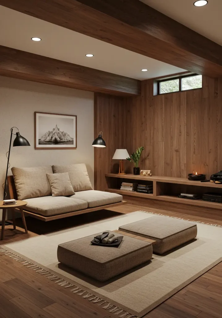 Inspired by Japanese design principles and modern minimalism, this concept creates a serene basement retreat focused on meditation, mindfulness, and peaceful relaxation.