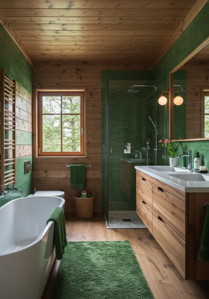 Embracing the hygge lifestyle and connection to nature characteristic of Scandinavian design, this bathroom combines cozy cabin aesthetics with modern functionality. The muted green palette reflects the serene beauty of Nordic forests.