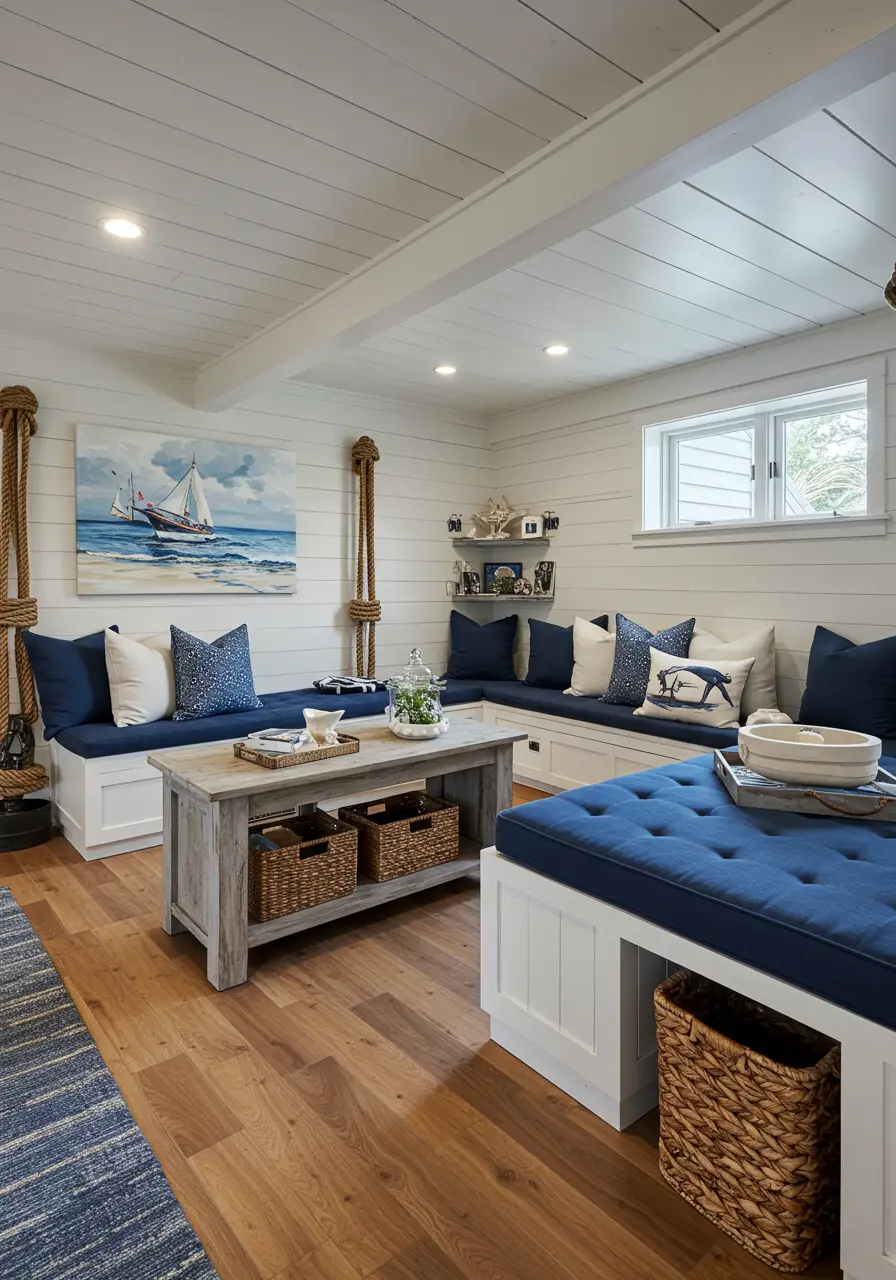 Bringing the relaxed elegance of a high-end coastal resort to the basement level, this concept combines weathered textures with sophisticated nautical elements to create a year-round vacation atmosphere that feels both luxurious and laid-back.