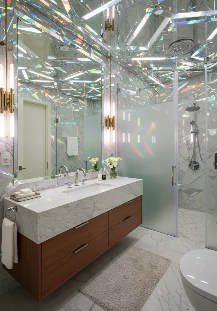 This design harnesses the power of light refraction through crystal-inspired elements and prismatic surfaces that create ever-changing rainbow reflections throughout the day.