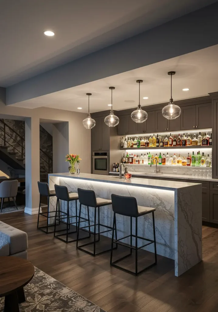 Create a sophisticated modern space that rivals upscale hotel bars with clean lines and luxurious materials.