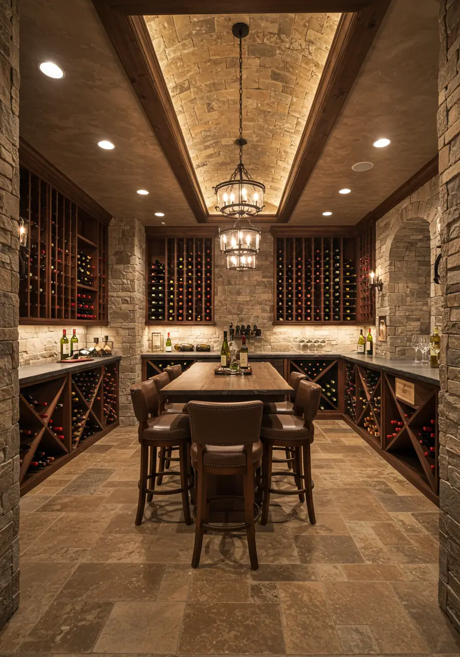 Combining the romance of European wine caves with modern climate control technology, this basement becomes a sophisticated wine storage and tasting facility that rivals commercial establishments.