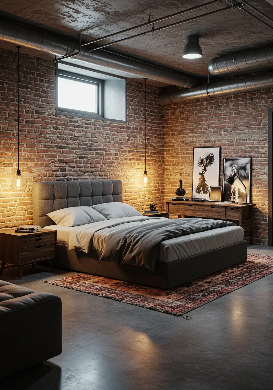 This design recreates the coveted urban loft experience in a basement setting, complete with exposed elements and industrial-chic aesthetics that rival expensive city apartments.