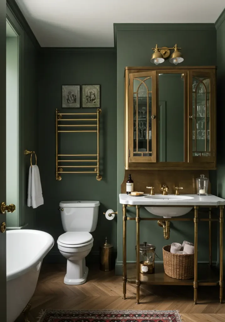This concept recreates the charm of an old-world apothecary shop using vintage-inspired accessories and clever storage solutions that double as decorative elements, creating a unique and characterful powder room.
