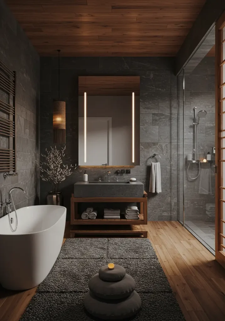 Rooted in Japanese philosophy of wabi-sabi and mindfulness, this design creates a space for daily meditation and reflection. It's perfect for those seeking inner peace and wanting their bathroom to support mindful living practices.