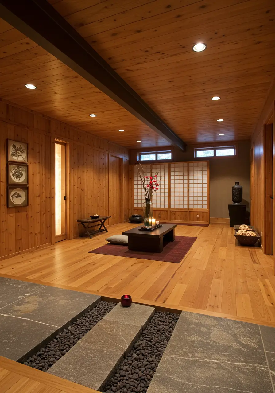 Creating a peaceful retreat focused on mindfulness and tranquility, this basement design eliminates clutter and embraces minimalism while incorporating natural elements for grounding and calm.