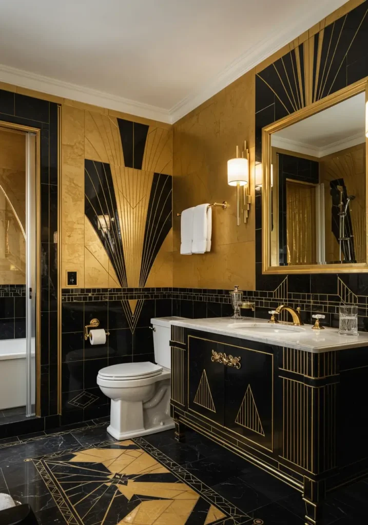 Celebrating the opulent style of the 1920s, this design combines geometric patterns with luxurious materials for a bathroom that's pure Hollywood glamour.