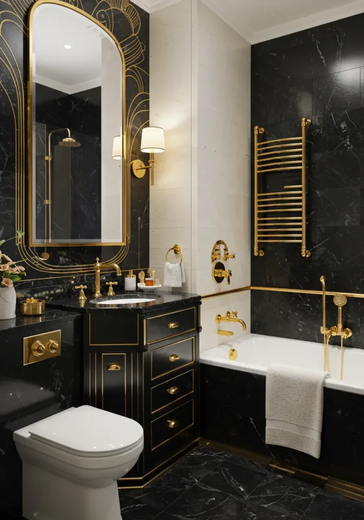 Channeling the opulence of 1920s luxury hotels and jazz-age sophistication, this design proves that small spaces can achieve dramatic elegance. The concept focuses on geometric patterns and metallic accents to create timeless glamour.