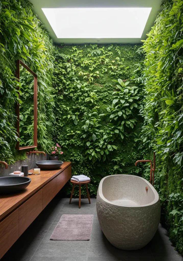 This concept embraces biophilic design principles, integrating living elements and natural materials to create a bathroom that feels like a private greenhouse sanctuary.