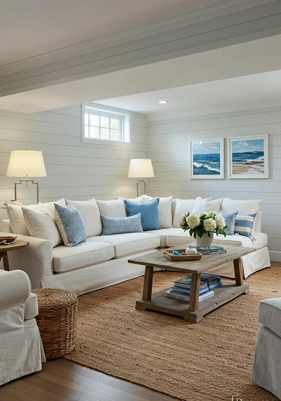 Bring the relaxed elegance of a coastal cottage to your basement with weathered wood, nautical accents, and a soothing blue and white color palette. This design evokes the tranquil feeling of a seaside retreat, perfect for families seeking a calming escape from urban life.