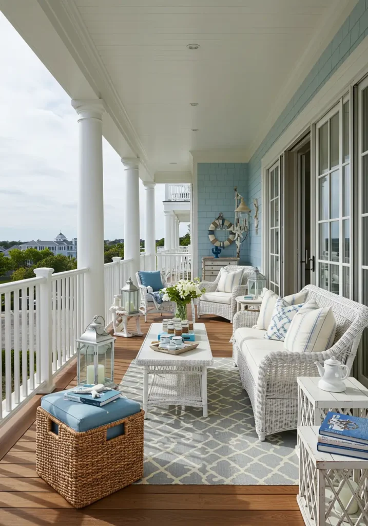 Capturing the refined leisure of East Coast beach houses, this design blends nautical elements with sophisticated comfort for a timeless coastal retreat.