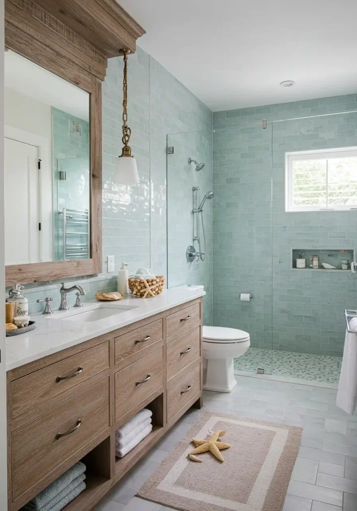 Inspired by driftwood, sea glass, and coastal living, this bathroom captures the relaxed sophistication of a luxury beach house. The design evokes memories of ocean breezes and seaside tranquility.