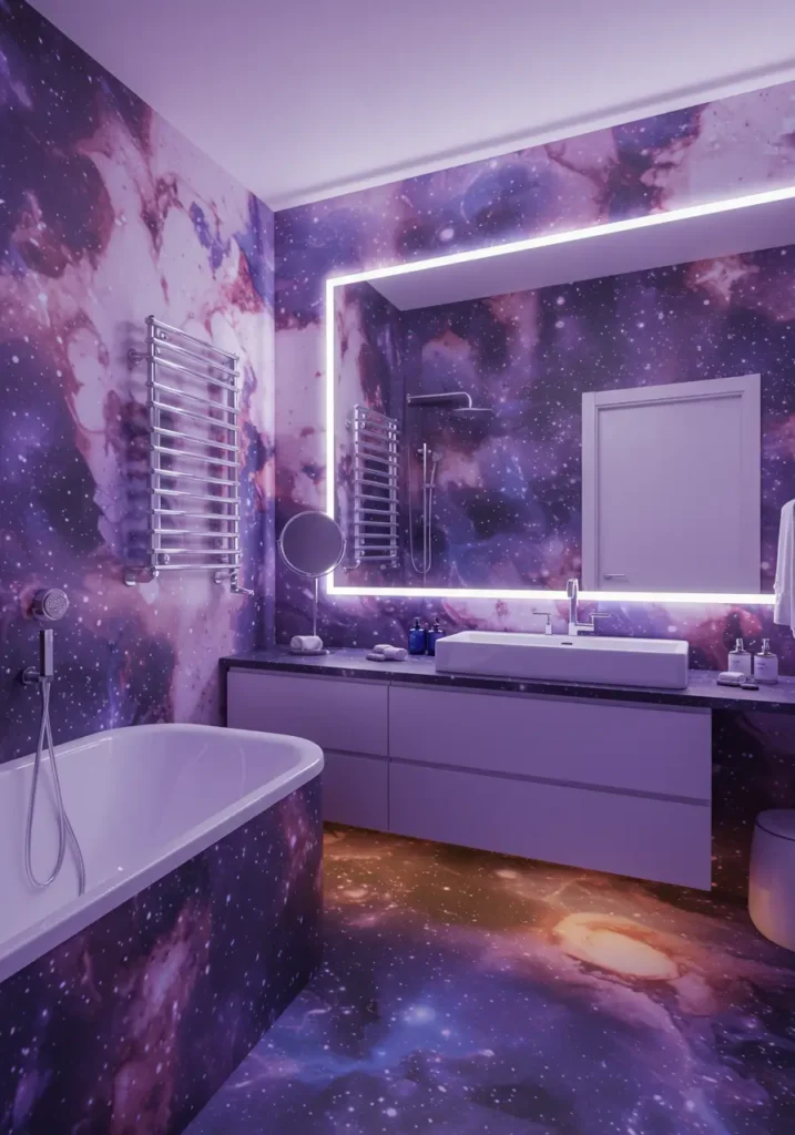 Inspired by the infinite beauty of space and nebulae, this design creates an otherworldly experience using color-changing technology and cosmic themes. It's designed for dreamers and tech enthusiasts who want their bathroom to feel like a journey through the cosmos.