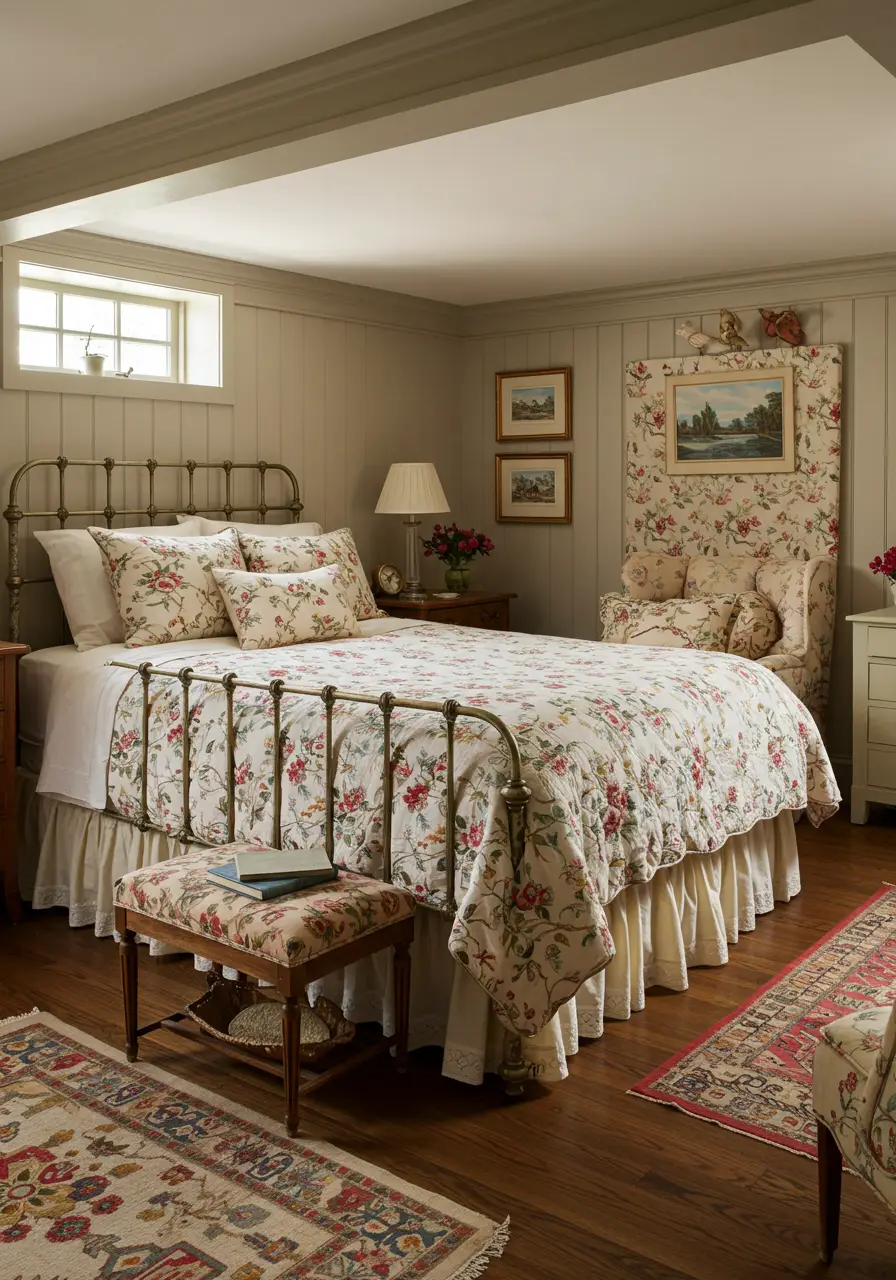 This design brings the charm of a traditional English countryside cottage underground, creating a romantic and timeless retreat with floral patterns and vintage furnishings.