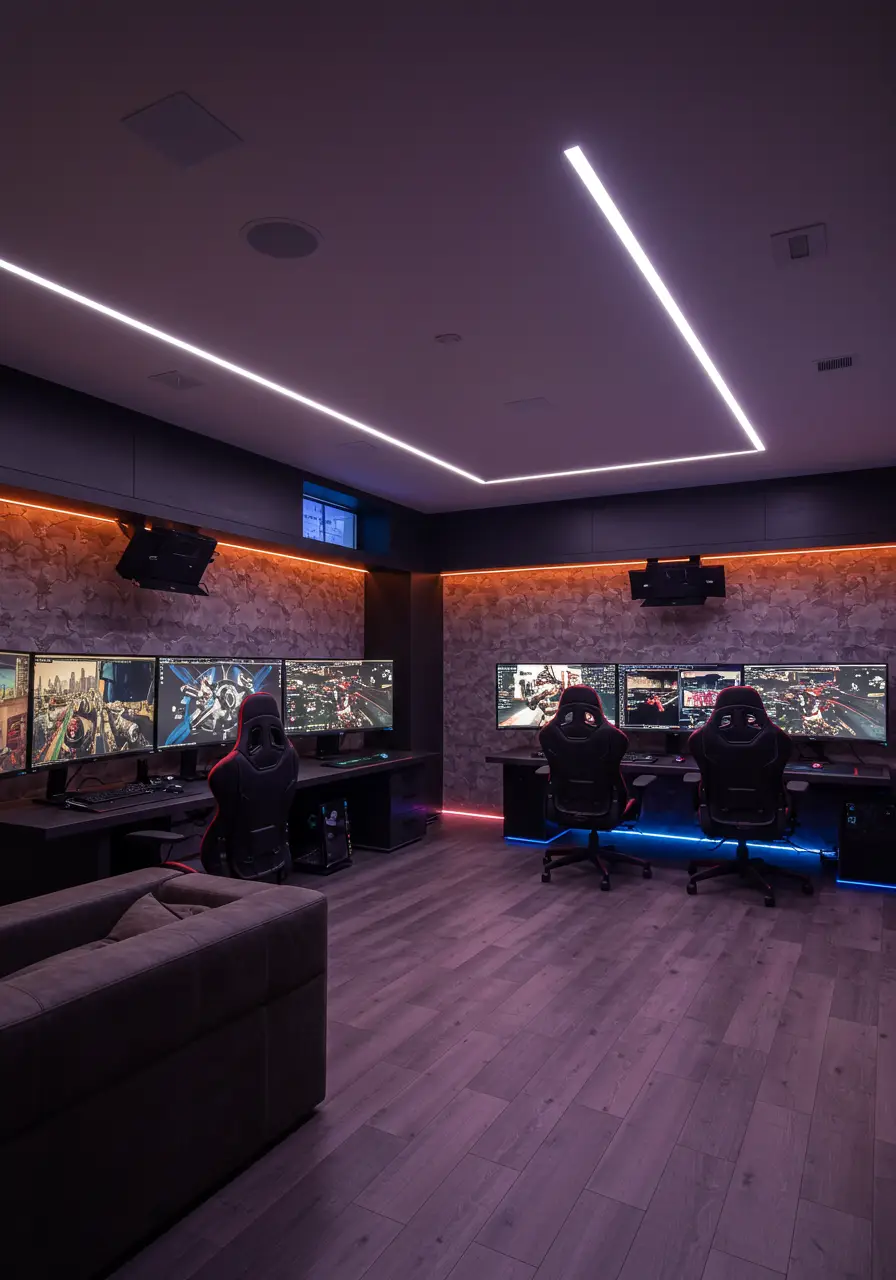 This cutting-edge transformation creates the ultimate gaming destination with multiple stations, streaming capabilities, and immersive technology. The design balances high-tech functionality with comfortable long-term use and impressive aesthetics.