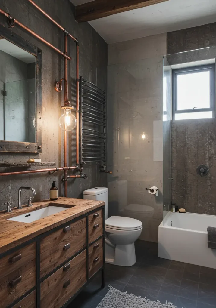 This concept transforms a small bathroom into an edgy industrial loft space using exposed elements, raw materials, and urban aesthetics to create character and visual interest.