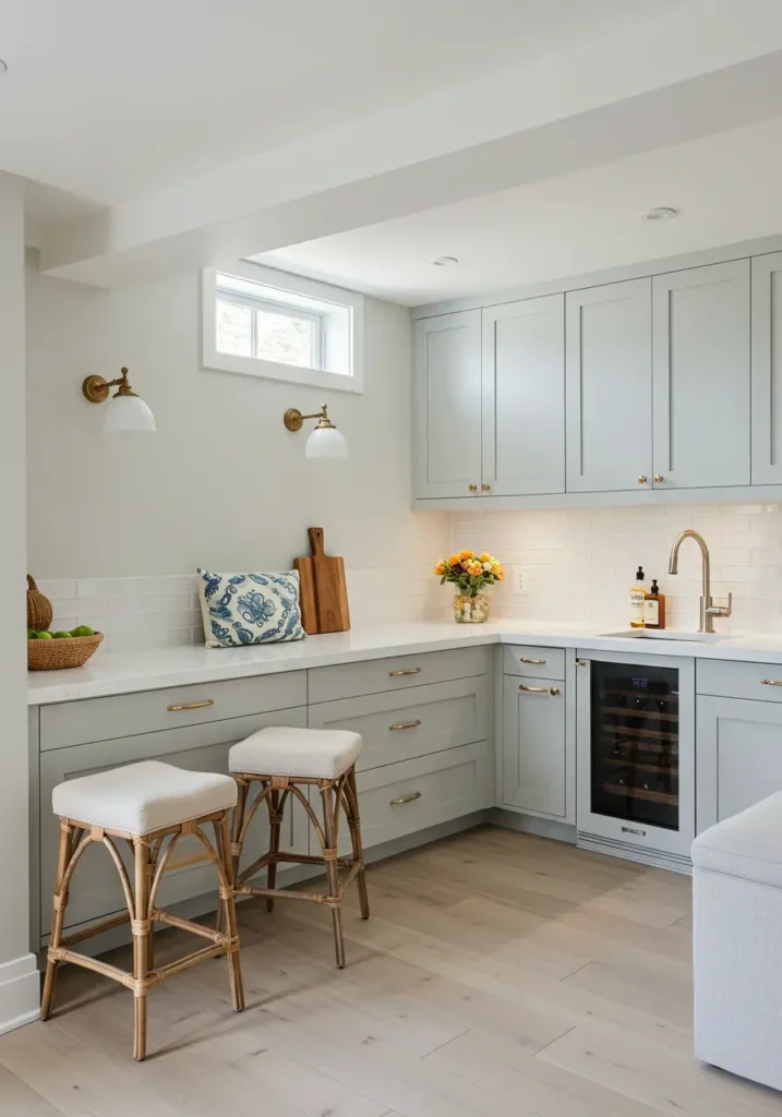Transport yourself to the Greek islands with this sun-drenched basement kitchenette. Whitewashed walls and azure blue accents create the illusion of seaside living while terra cotta tiles and natural textures add authentic Mediterranean charm. The space feels like a vacation home kitchen despite its underground location.