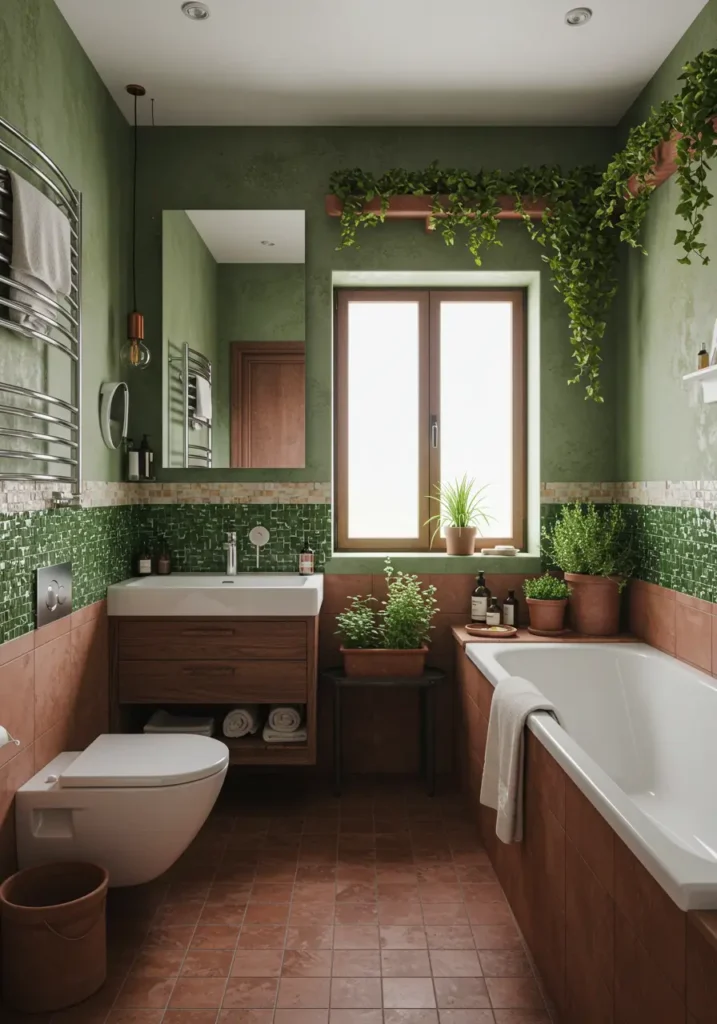 Inspired by the sun-drenched herb gardens of Provence and Tuscany, this bathroom brings the aromatic charm of Mediterranean countryside indoors. The earthy green palette evokes fresh herbs while terracotta elements add warmth.