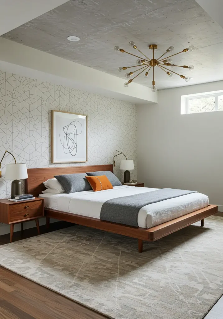 Celebrating the iconic design era of the 1950s-60s, this concept brings retro sophistication to the basement with clean lines, bold colors, and statement furniture pieces.
