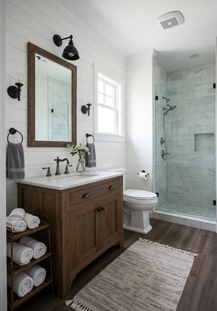 Combining the warmth of traditional farmhouse design with contemporary functionality, this bathroom creates a cozy yet sophisticated retreat that celebrates both rustic charm and modern convenience.