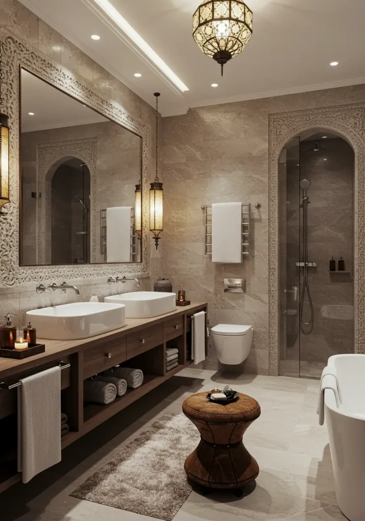 Blending traditional Moroccan craftsmanship with contemporary design, this concept creates an exotic retreat with intricate patterns and rich textures.