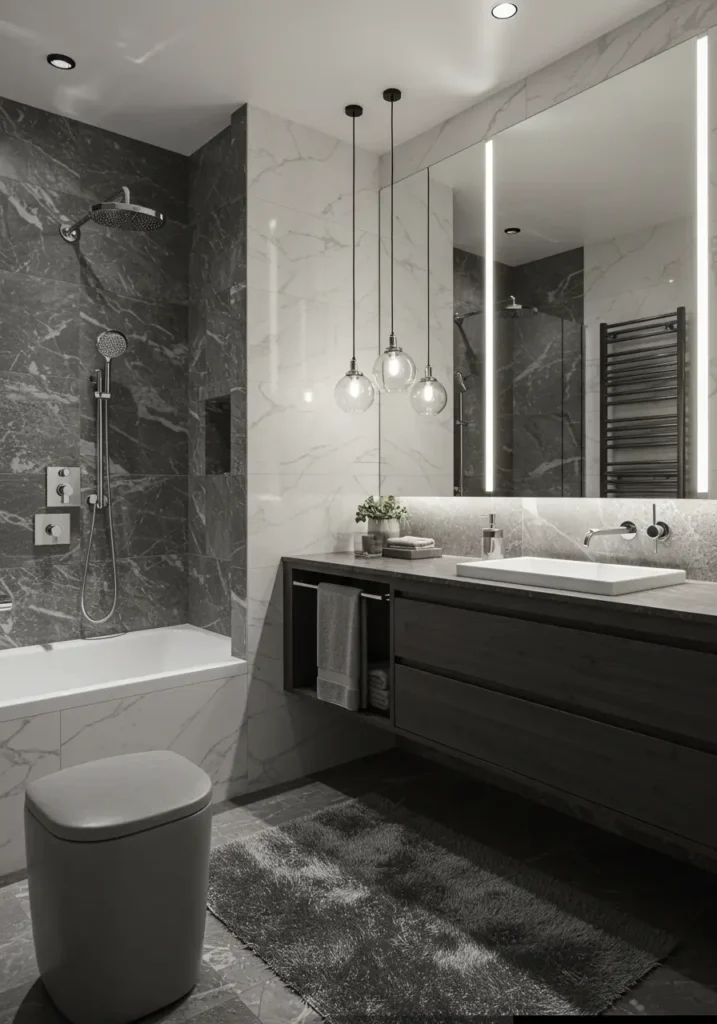 This concept uses high contrast and strategic pattern placement to create visual depth and expand the perceived space through dramatic monochromatic design.